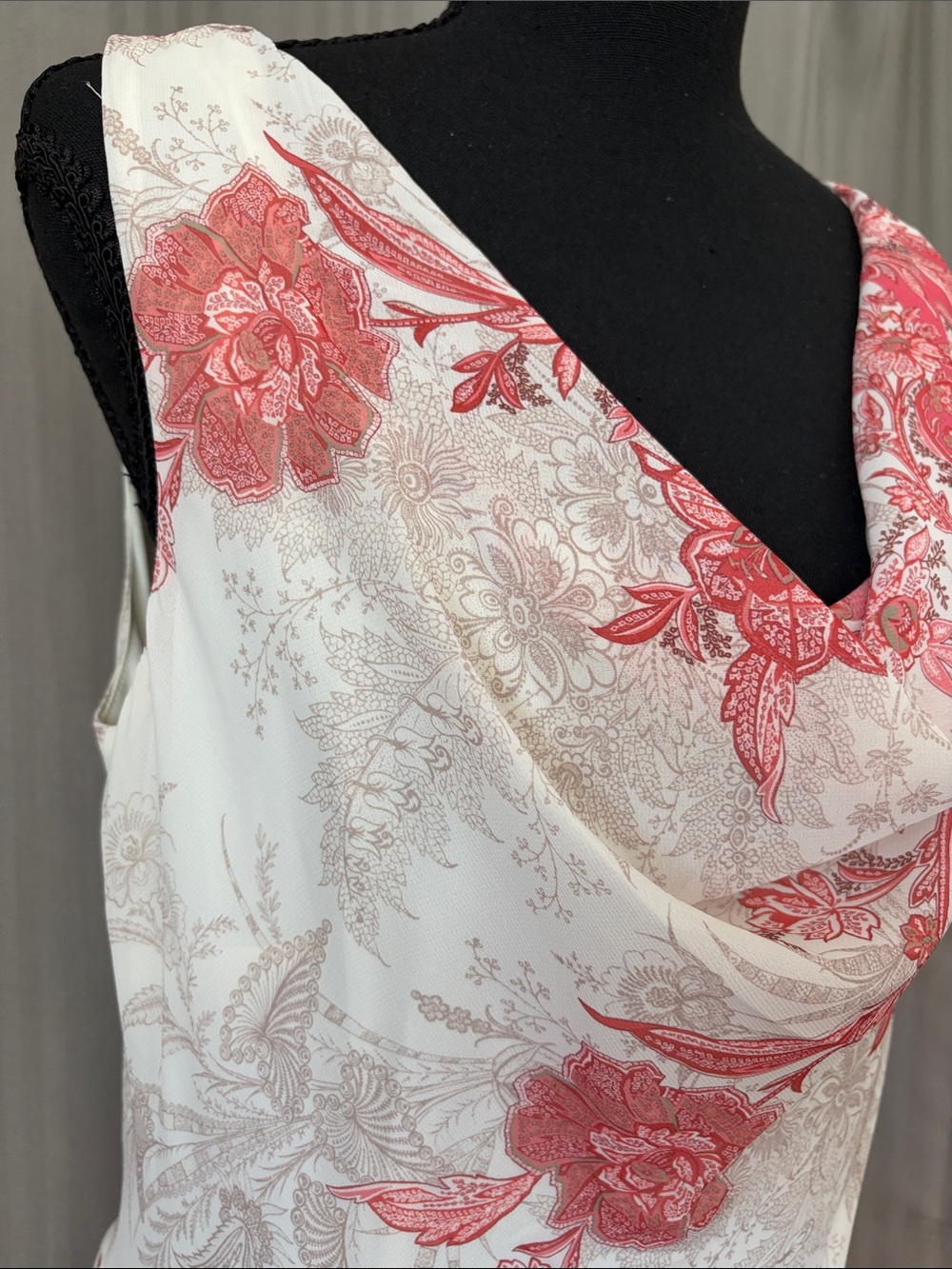 Sleeveless Creme and Coral Floral Cowl Neck Maxi Dress - Picture 3 of 7